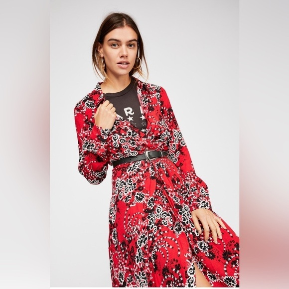 Free People Tough Love Midi Shirt Wrap Red Long Dress - Picture 1 of 9